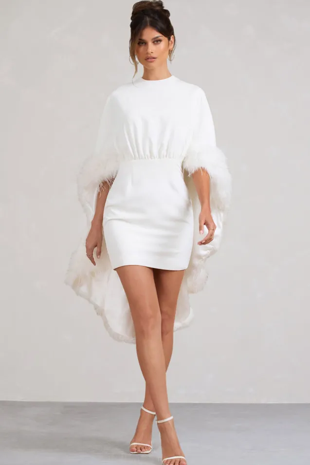 Of The Manor | White Gathered Mini Dress With Feather Cape