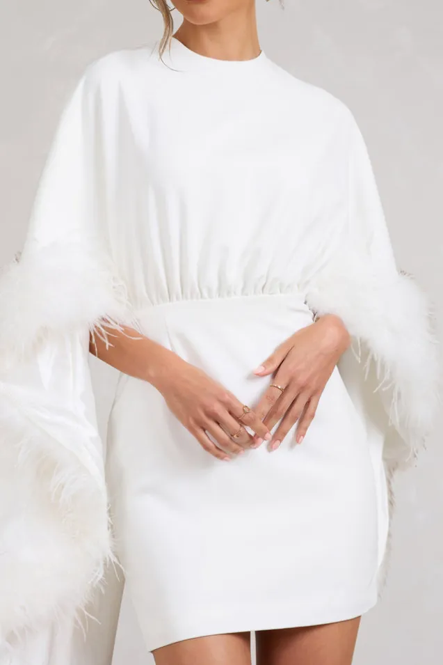 Of The Manor | White Gathered Mini Dress With Feather Cape