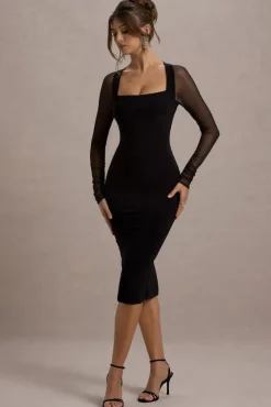 Off Track | Black Bodycon Midi Dress With Sheer Sleeves