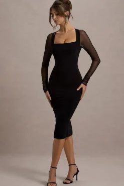 Off Track | Black Bodycon Midi Dress With Sheer Sleeves