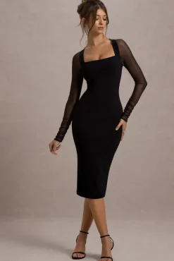 Off Track | Black Bodycon Midi Dress With Sheer Sleeves