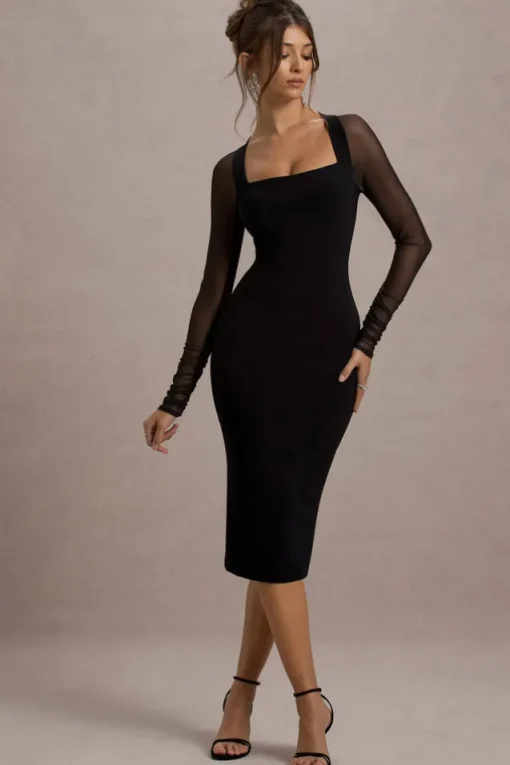 Off Track | Black Bodycon Midi Dress With Sheer Sleeves