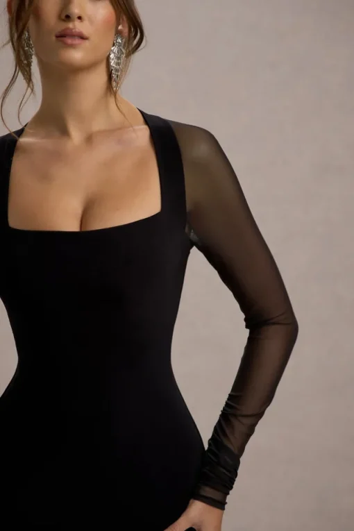 Off Track | Black Bodycon Midi Dress With Sheer Sleeves