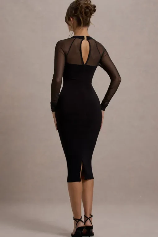 Off Track | Black Bodycon Midi Dress With Sheer Sleeves