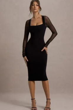 Off Track | Black Bodycon Midi Dress With Sheer Sleeves