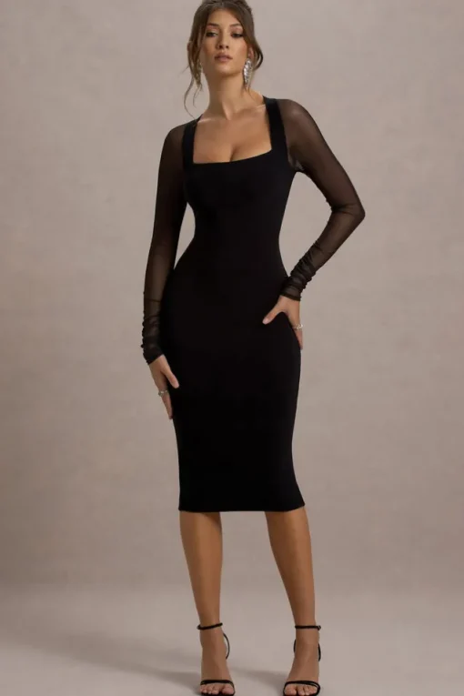 Off Track | Black Bodycon Midi Dress With Sheer Sleeves