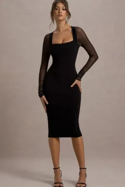 Off Track | Black Bodycon Midi Dress With Sheer Sleeves