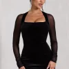Off-Piste | Black Velvet Bodycon Mini Dress With Sheer Sleeves