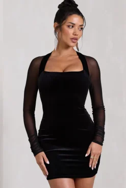 Off-Piste | Black Velvet Bodycon Mini Dress With Sheer Sleeves