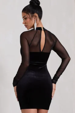 Off-Piste | Black Velvet Bodycon Mini Dress With Sheer Sleeves