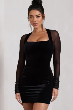 Off-Piste | Black Velvet Bodycon Mini Dress With Sheer Sleeves