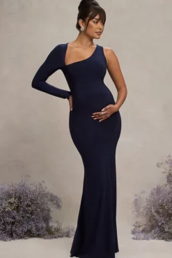 Oh Baby | Navy Maternity One Shoulder Bodycon Maxi Dress