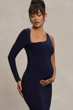 Oh Baby | Navy Maternity One Shoulder Bodycon Maxi Dress
