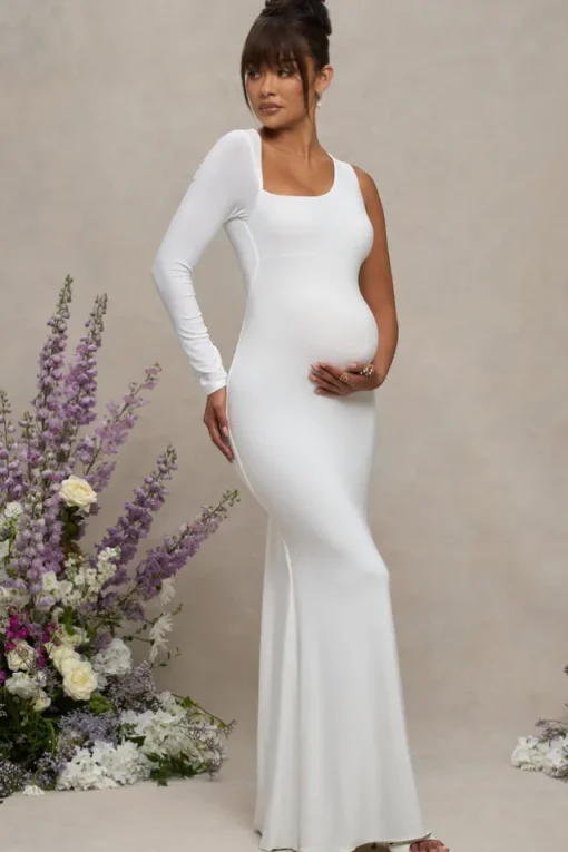 Oh Baby | White Maternity One Shoulder Bodycon Maxi Dress