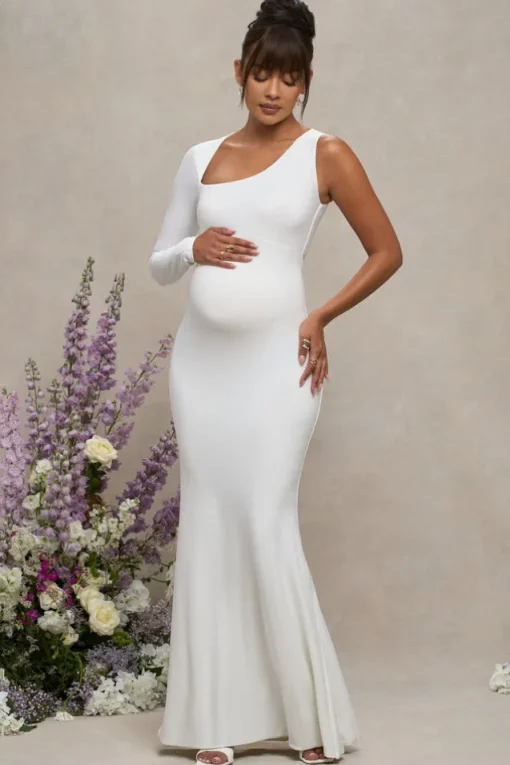 Oh Baby | White Maternity One Shoulder Bodycon Maxi Dress