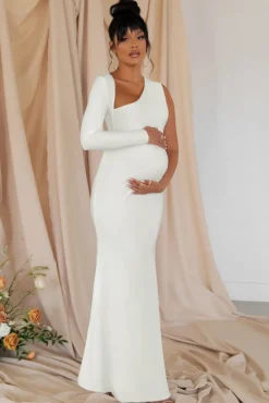Oh Baby | White Maternity One Shoulder Bodycon Maxi Dress