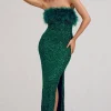Old Money | Bottle Green Bodycon Sequin Maxi Dress With Feather Trim