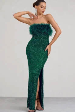 Old Money | Bottle Green Bodycon Sequin Maxi Dress With Feather Trim