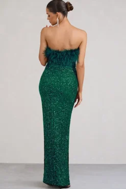 Old Money | Bottle Green Bodycon Sequin Maxi Dress With Feather Trim