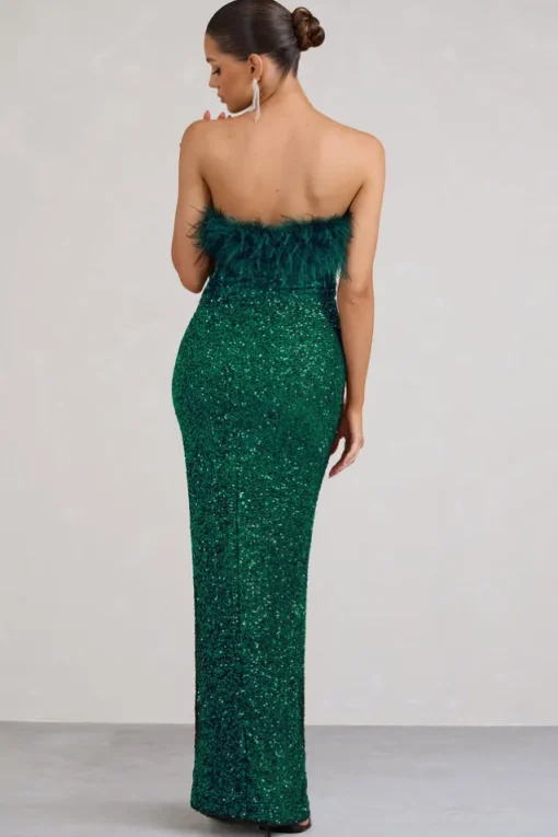 Old Money | Bottle Green Bodycon Sequin Maxi Dress With Feather Trim