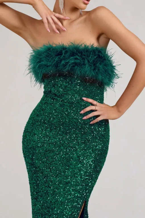 Old Money | Bottle Green Bodycon Sequin Maxi Dress With Feather Trim