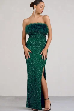 Old Money | Bottle Green Bodycon Sequin Maxi Dress With Feather Trim
