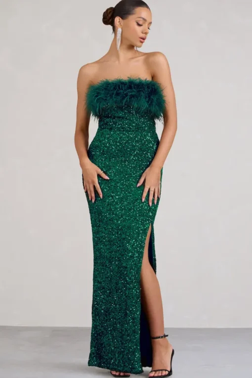 Old Money | Bottle Green Bodycon Sequin Maxi Dress With Feather Trim