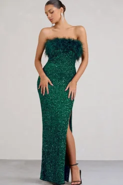 Old Money | Bottle Green Bodycon Sequin Maxi Dress With Feather Trim