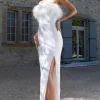 Old Money | White Bodycon Sequin Maxi Dress With Feather Trim