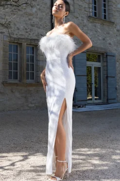 Old Money | White Bodycon Sequin Maxi Dress With Feather Trim