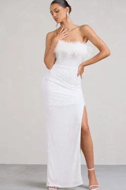 Old Money | White Bodycon Sequin Maxi Dress With Feather Trim