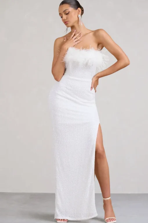 Old Money | White Bodycon Sequin Maxi Dress With Feather Trim