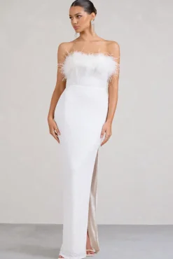 Old Money | White Bodycon Sequin Maxi Dress With Feather Trim