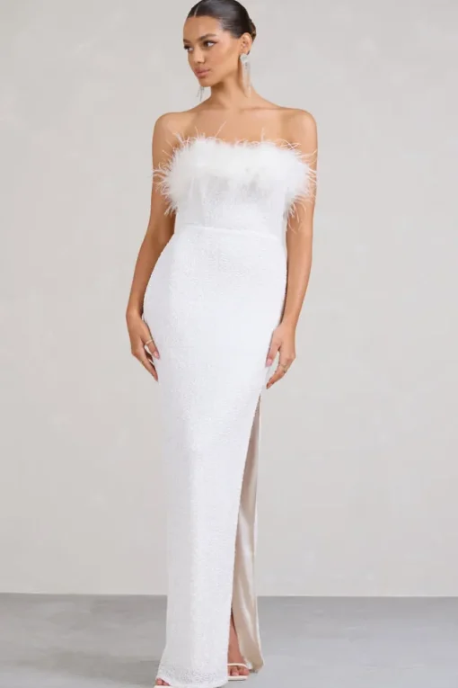 Old Money | White Bodycon Sequin Maxi Dress With Feather Trim