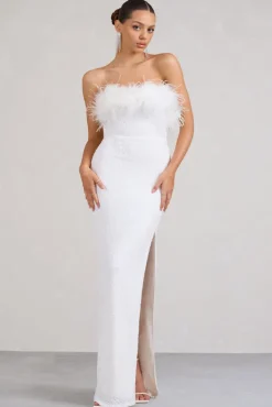 Old Money | White Bodycon Sequin Maxi Dress With Feather Trim