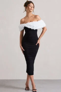 Olea | Black u0026 White Ruched Bardot Midi Dress With Flowers