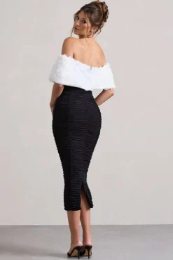 Olea | Black u0026 White Ruched Bardot Midi Dress With Flowers