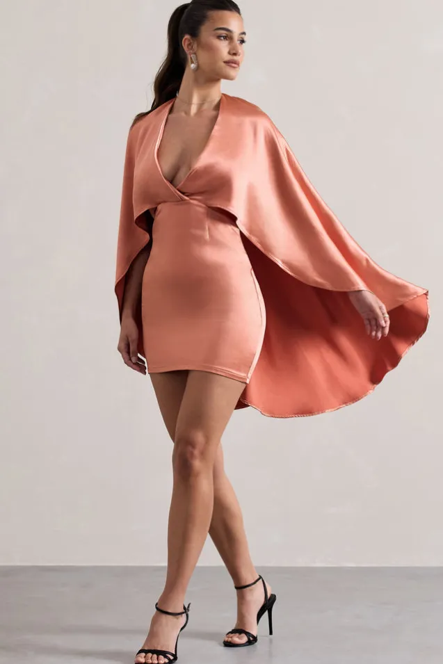 Olsen | Coral Satin Plunge-Neck Cape Mini Dress