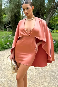 Olsen | Coral Satin Plunge-Neck Cape Mini Dress