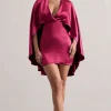 Olsen | Raspberry Satin Plunge-Neck Cape Mini Dress