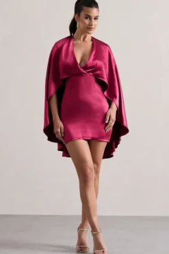 Olsen | Raspberry Satin Plunge-Neck Cape Mini Dress