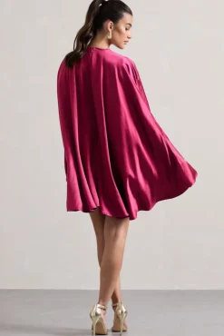 Olsen | Raspberry Satin Plunge-Neck Cape Mini Dress