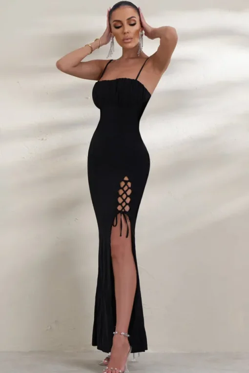 On Show | Black Lace Up Detail Split Leg Maxi Dress