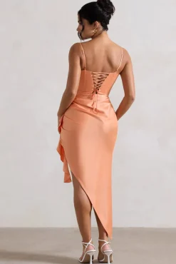 On The List | Peach Asymmetric Corset Maxi Dress With Floral Drape