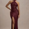 On The Rise | Berry Sequin High-Neck Strappy-Back Split Maxi Dress