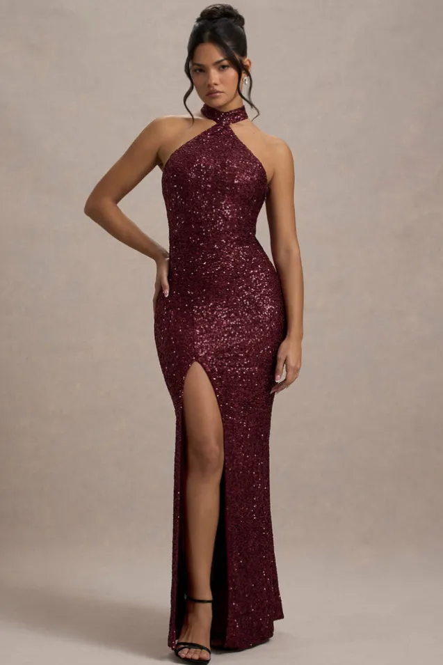On The Rise | Berry Sequin High-Neck Strappy-Back Split Maxi Dress