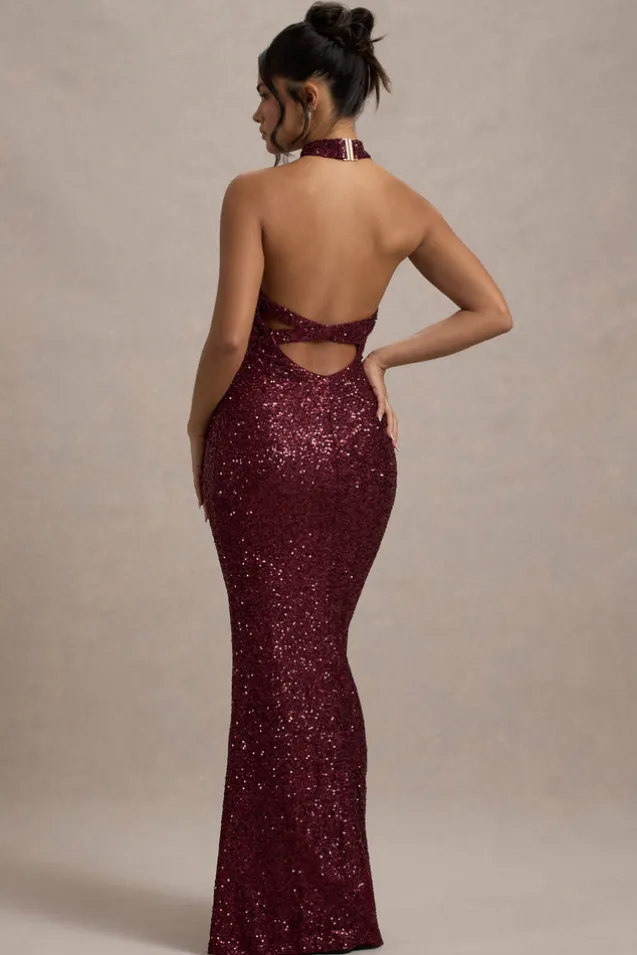 On The Rise | Berry Sequin High-Neck Strappy-Back Split Maxi Dress