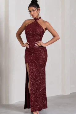 On The Rise | Berry Sequin High-Neck Strappy-Back Split Maxi Dress