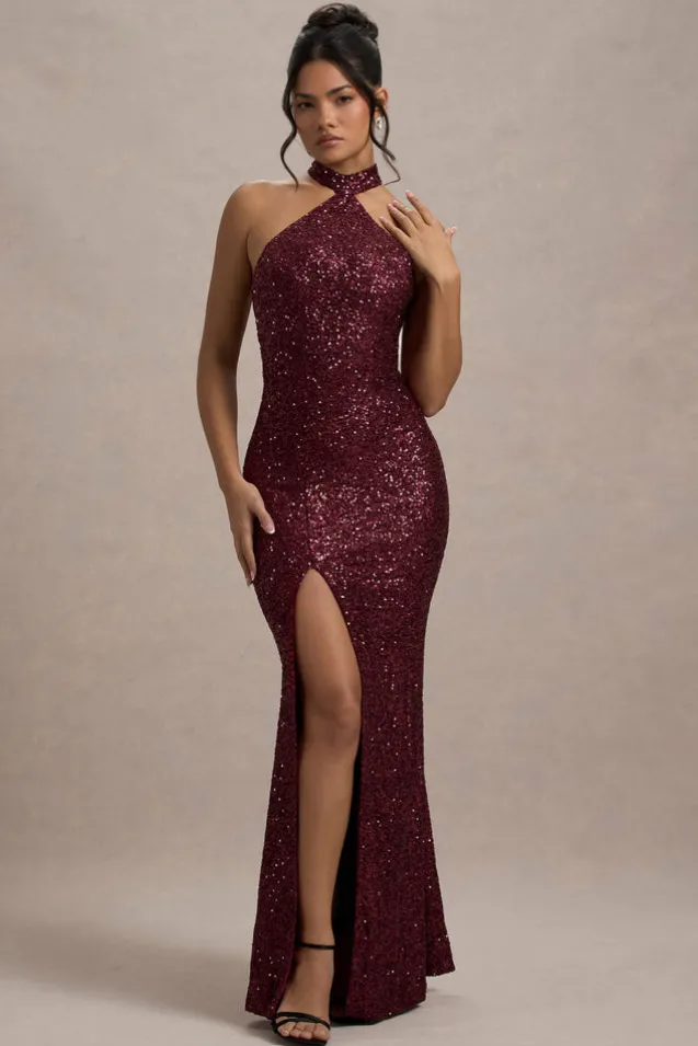 On The Rise | Berry Sequin High-Neck Strappy-Back Split Maxi Dress