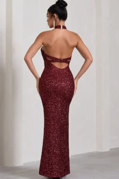 On The Rise | Berry Sequin High-Neck Strappy-Back Split Maxi Dress